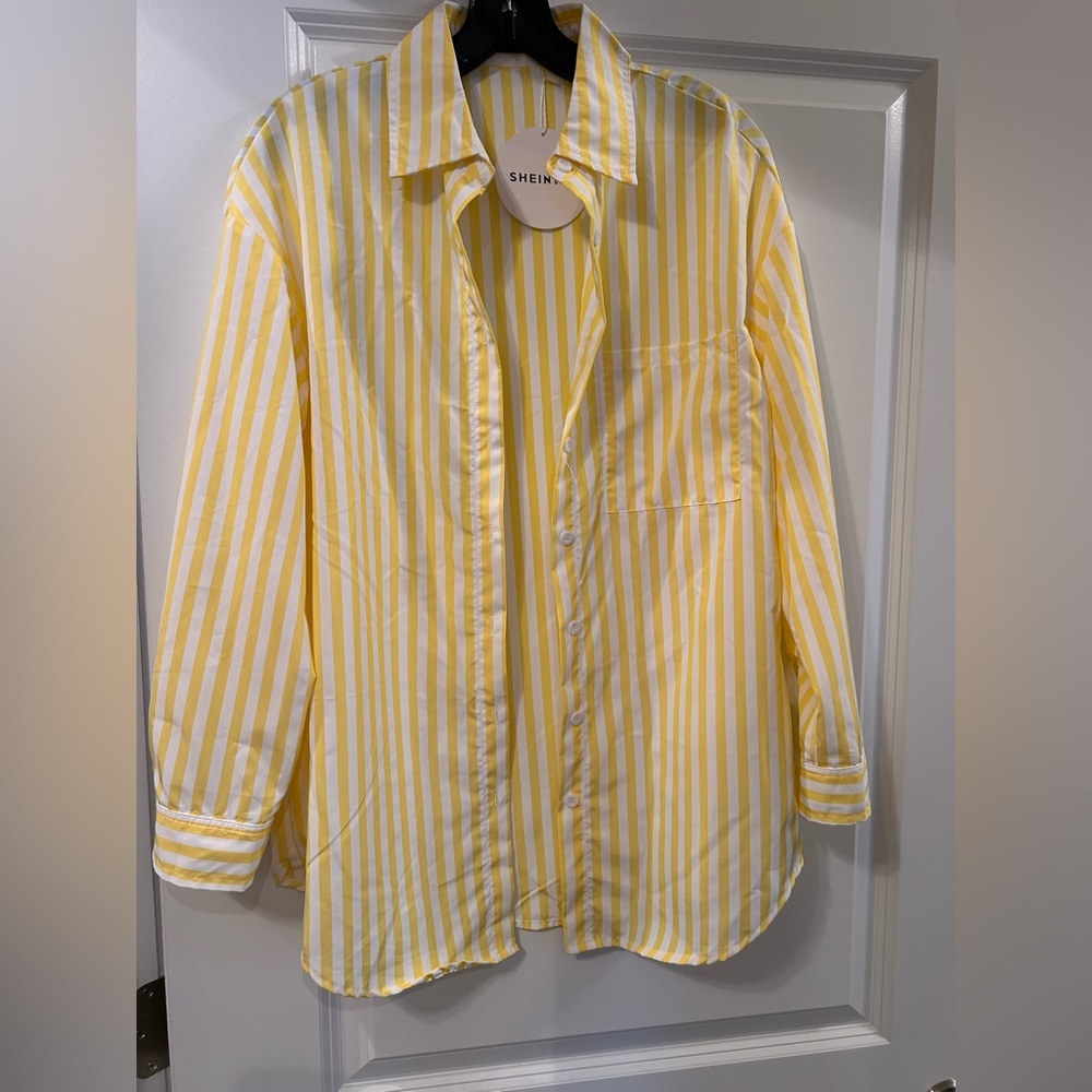 SHEIN Men's Casual Yellow and White Striped Shirt
